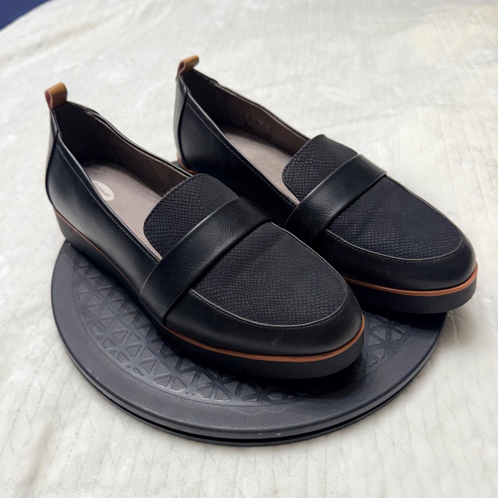 Dr Scholls Women's 9W Webster Black Snakeskin Textured Platform Loafers Slip On